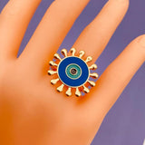 Flower Round Evil Eye Blue Enamel Gold Adjustable Free Size Band Ring Women Gift