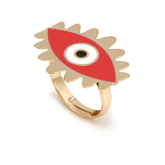 Flower Oval Evil Eye Red Enamel Gold Adjustable Free Size Band Ring Women Gift