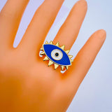 Flower Oval Evil Eye Red Enamel Gold Adjustable Free Size Band Ring Women Gift
