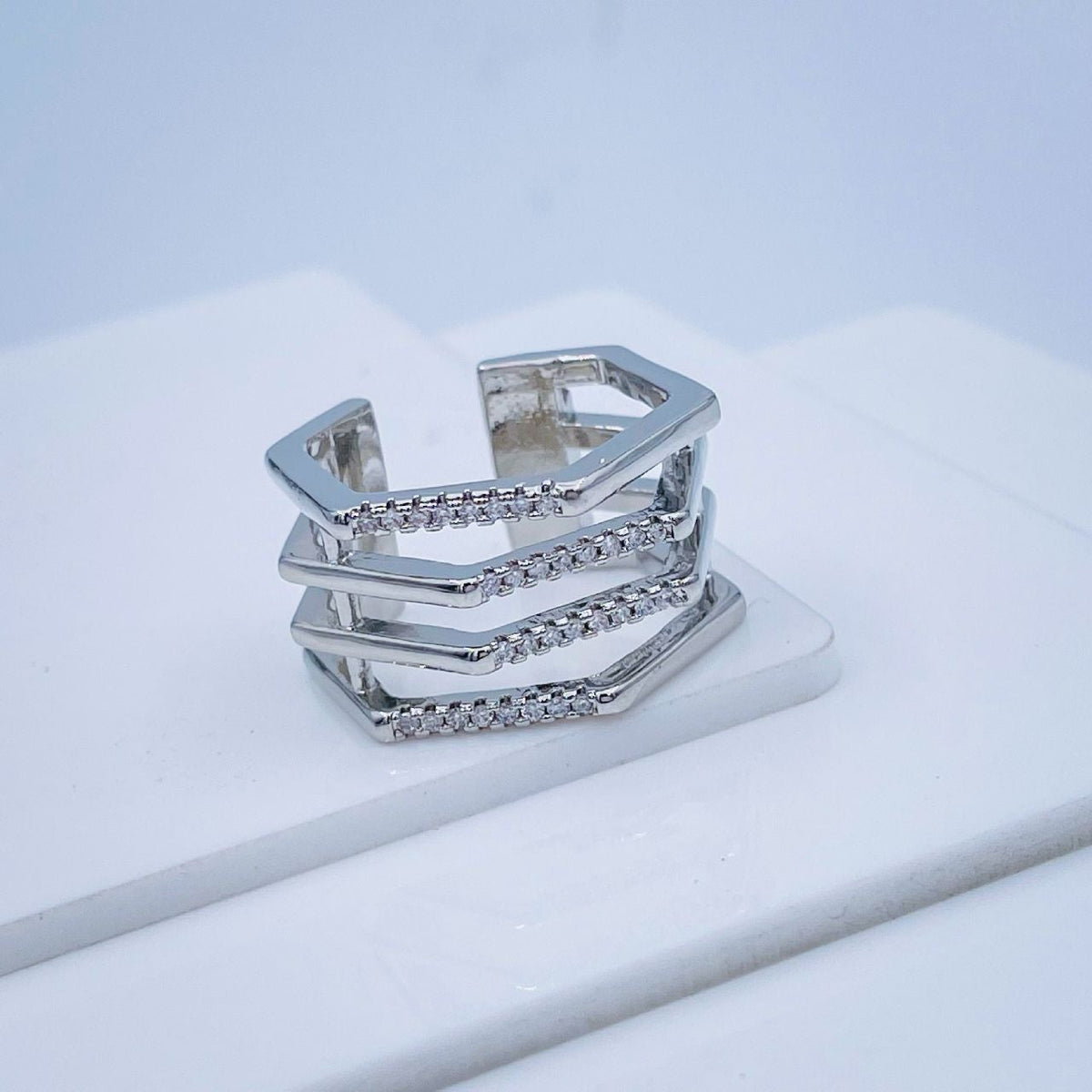 Hexagon Silver Copper Band Ring Adjustable Free Size For Women