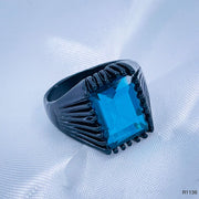Rectangle Sea Blue Black Cubic Zirconia Crystal Alloy Ring for Men