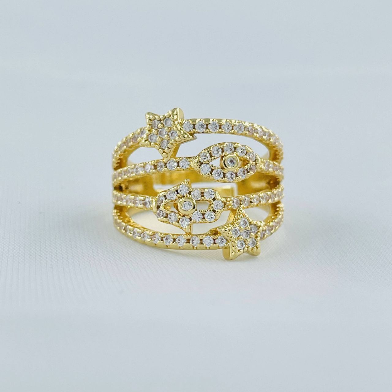 Evil Eye Hamsa Star Gold Copper American Diamond Adjustable Band Ring For Women