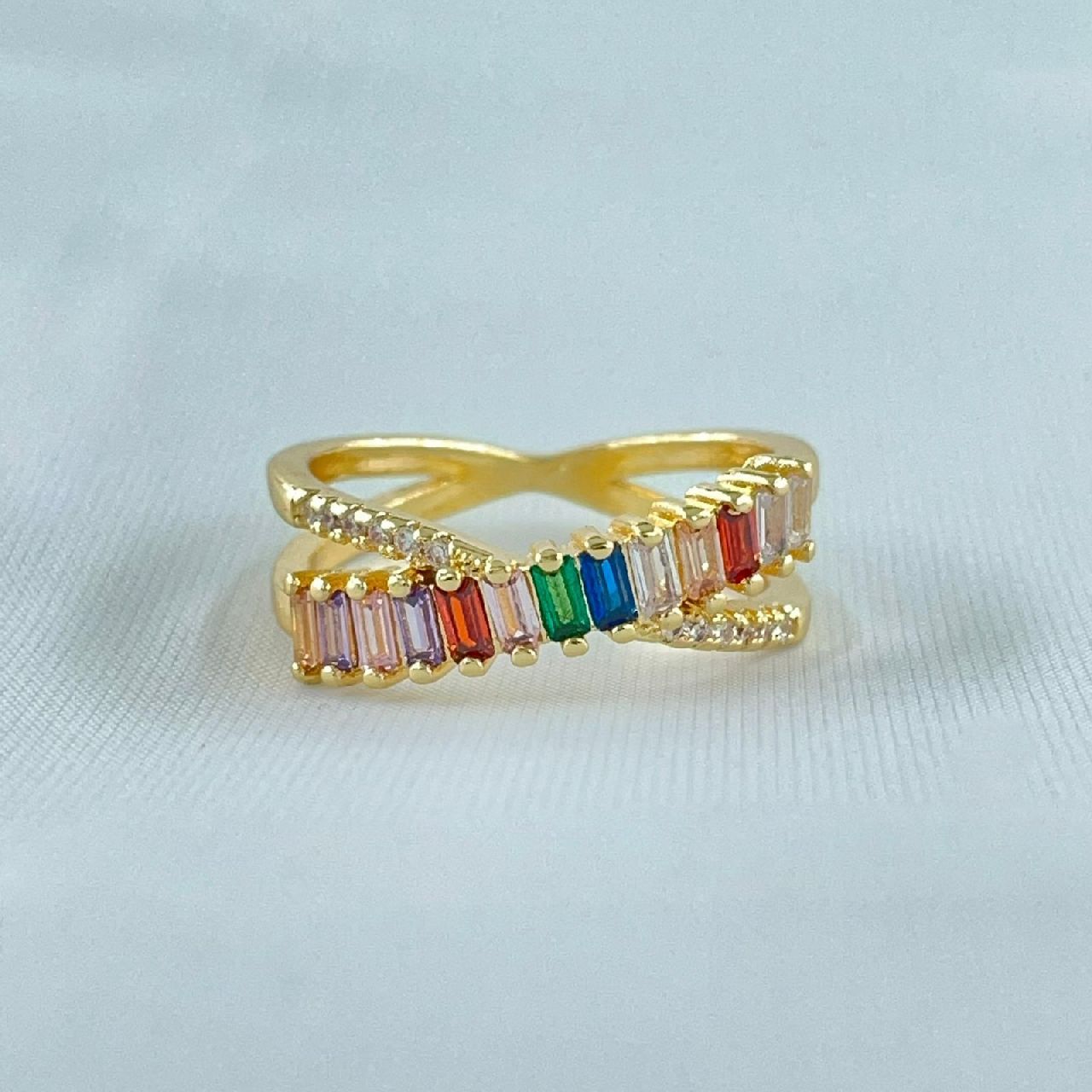 Rainbow Gold Multicolour Copper American Diamond Crystal Band Ring For Women