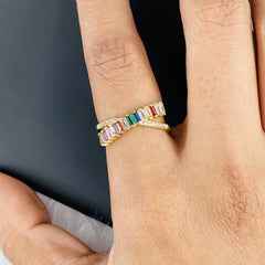 Rainbow Gold Multicolour Copper American Diamond Crystal Band Ring For Women