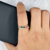 Rainbow Baguette Gold Multicolour Copper American Diamond Crystal Adjustable Band Ring For Women