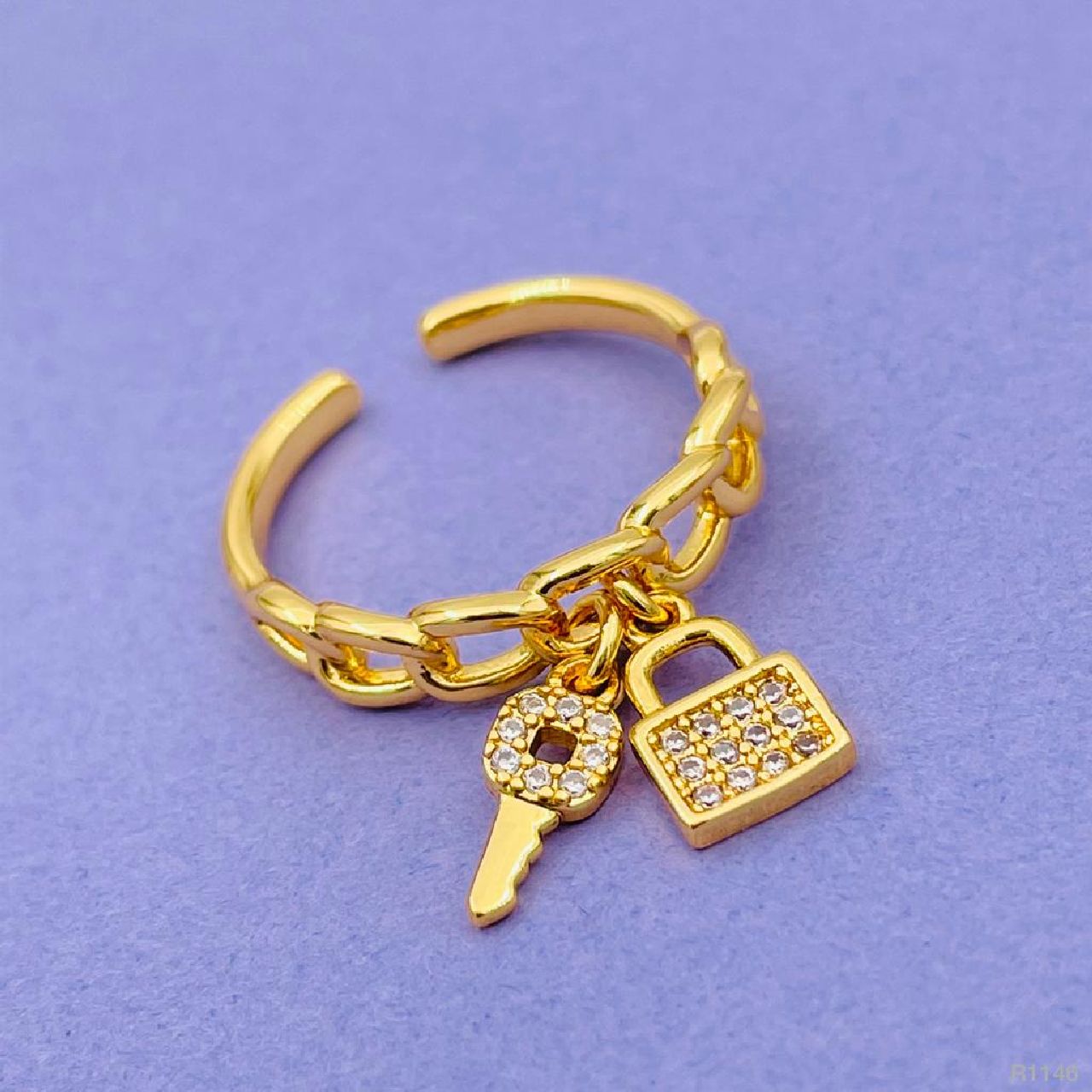 Curb Key Lock Copper Gold Ring For Women