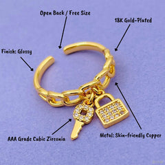 Curb Key Lock Copper Gold Ring For Women