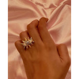 Eyelashes Evil Eye Copper Cubic Zirconia Gold Free Size Adjustable Ring For Women