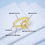 Gold Cubic Zirconia Sun Copper Free Size Adjustable Band Ring For Women