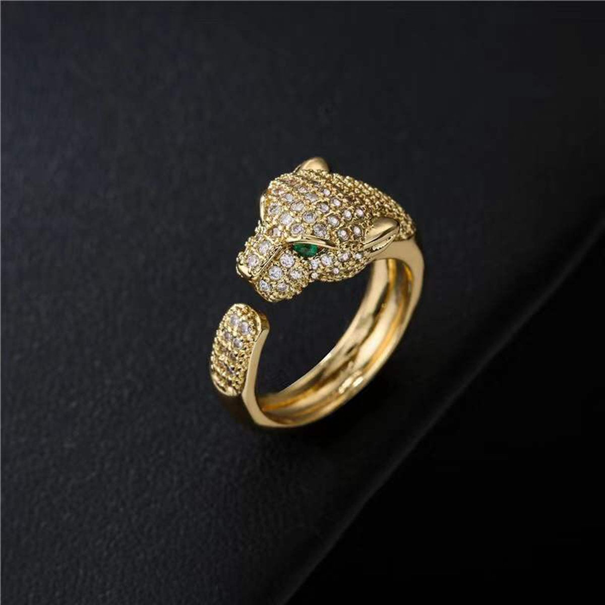 Panther Gold Green American Diamond Adjustable Ring For Women