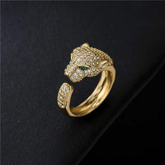 Panther Gold Green American Diamond Adjustable Ring For Women