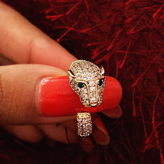 Panther Gold Green American Diamond Adjustable Ring For Women