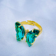 Butterfly Gold Green Copper Crystal Adjustable Ring For Women
