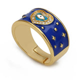 Heart Evil Eye Blue Gold American Diamond Enamel Adjustable Ring For Women