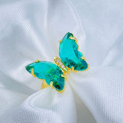 Butterfly Gold Green Copper Crystal Adjustable Ring For Women