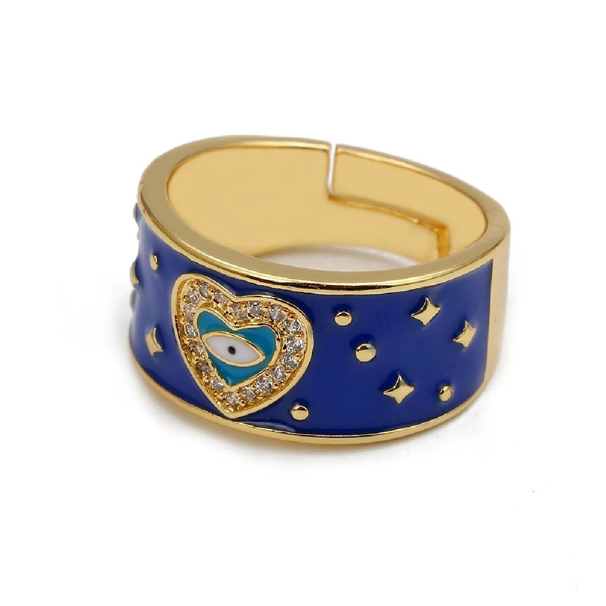 Heart Evil Eye Blue Gold American Diamond Enamel Adjustable Ring For Women