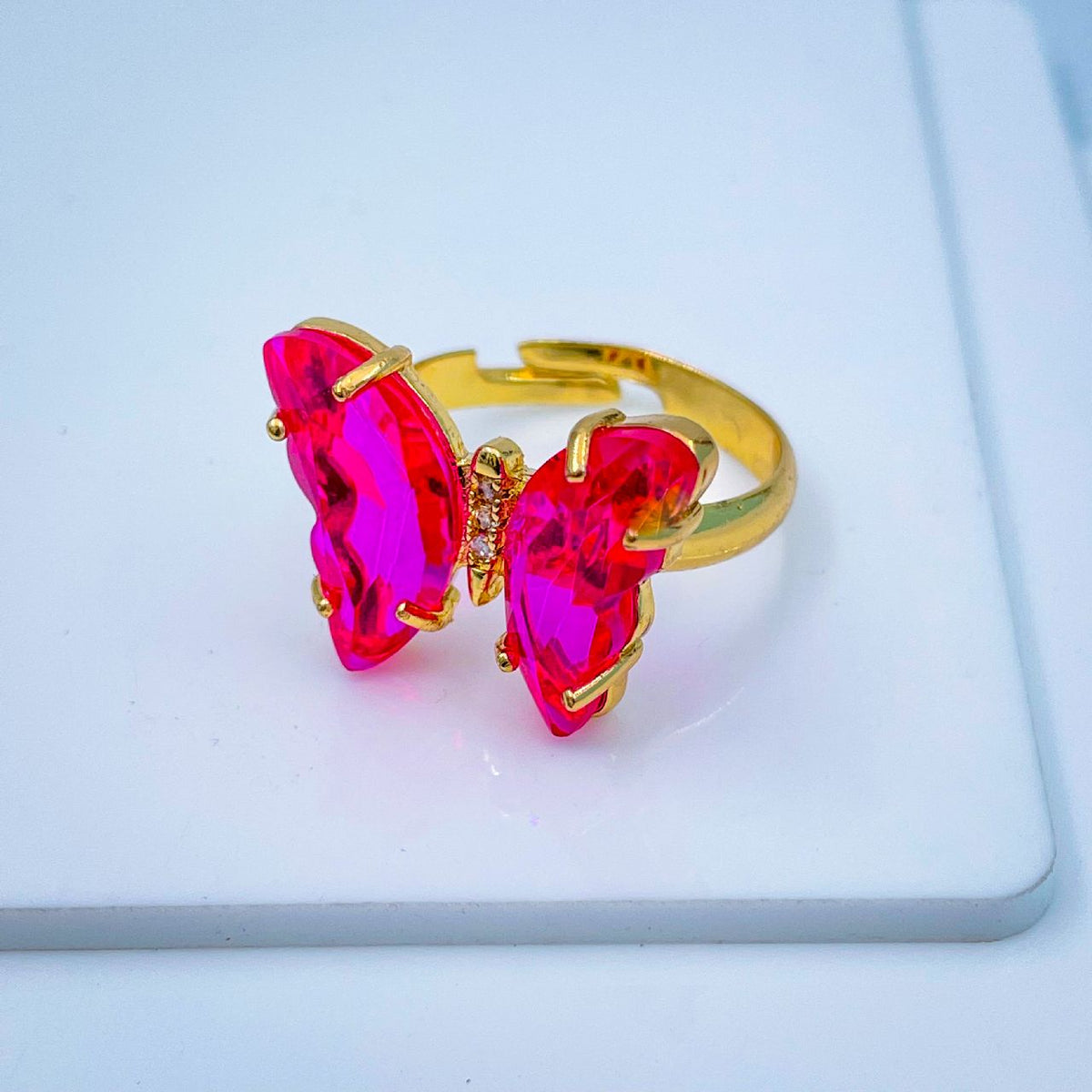 Gold Crystal Pink Butterfly Copper Free Size Adjustable Band Ring For Women