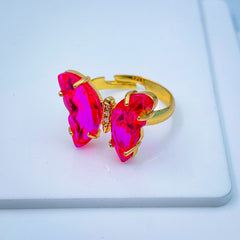 Gold Crystal Pink Butterfly Copper Free Size Adjustable Band Ring For Women