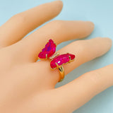 Gold Crystal Pink Butterfly Copper Free Size Adjustable Band Ring For Women