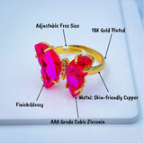 Gold Crystal Pink Butterfly Copper Free Size Adjustable Band Ring For Women