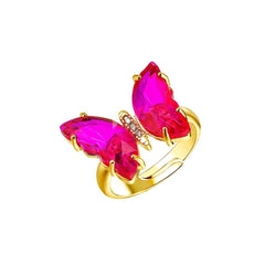 Gold Crystal Pink Butterfly Copper Free Size Adjustable Band Ring For Women