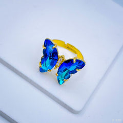 Gold Crystal Blue Butterfly Copper Free Size Adjustable Band Ring For Women