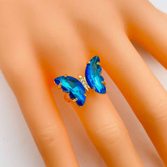 Gold Crystal Blue Butterfly Copper Free Size Adjustable Band Ring For Women