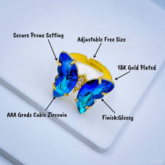 Gold Crystal Blue Butterfly Copper Free Size Adjustable Band Ring For Women