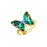Gold Crystal Blue Butterfly Copper Free Size Adjustable Band Ring For Women