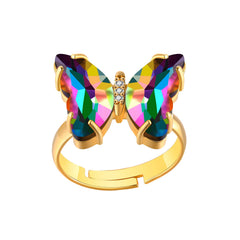 Butterfly Gold Multicolour Copper Crystal Adjustable Ring For Women