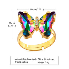 Butterfly Gold Multicolour Copper Crystal Adjustable Ring For Women