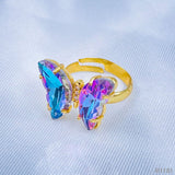 Butterfly Gold Blue Multicolour Copper Crystal Adjustable Ring For Women