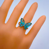 Gold Crystal Sky Blue Butterfly Copper Free Size Adjustable Band Ring For Women