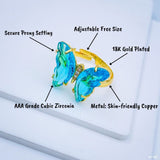 Gold Crystal Sky Blue Butterfly Copper Free Size Adjustable Band Ring For Women