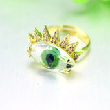 Eye Lash Evil Eye Glass Gold Green American Diamond Band Ring For Women
