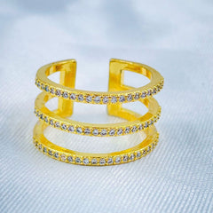 Triple Cubic Zirconia Line Gold Copper Adjustable Ring For Women