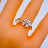 Gold Cubic Zirconia Crystal Flower Copper Free Size Adjustable Band Ring For Women