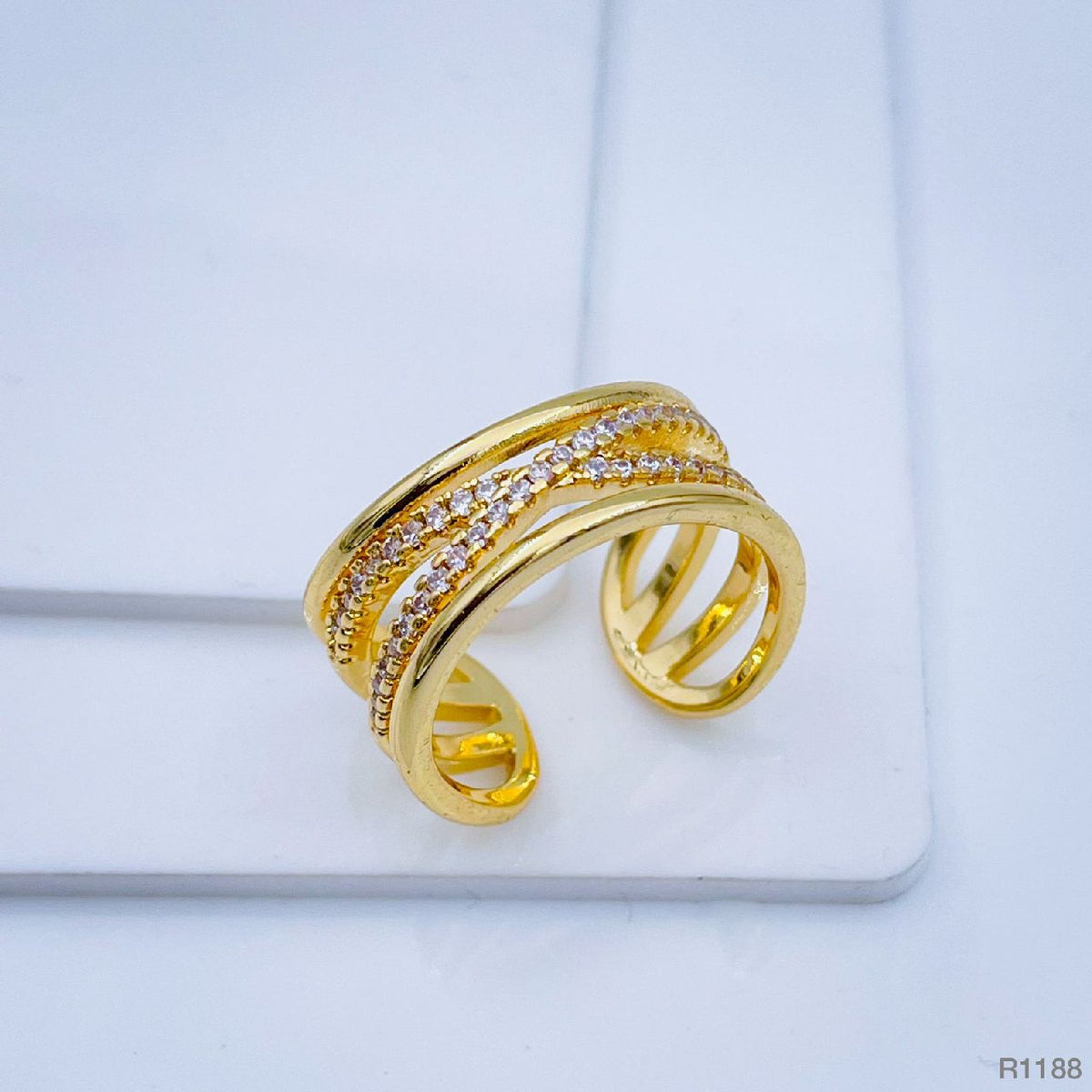 Gold Cubic Zirconia Copper Free Size Adjustable Band Ring For Women