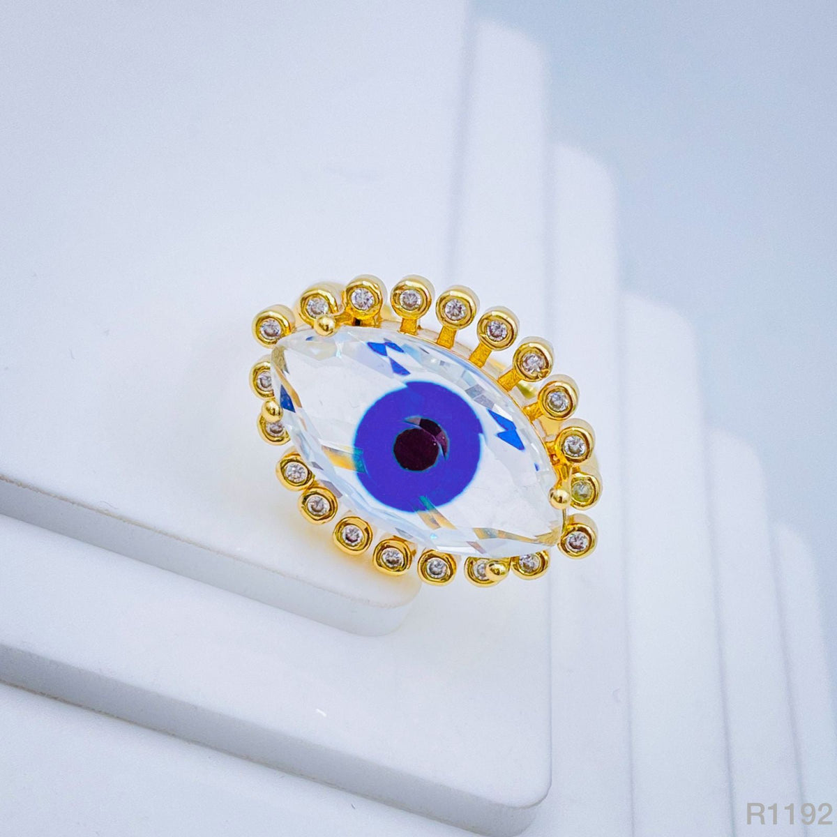 Eyelash Evil Eye Blue Gold Glass Cubic Zirconia Adjustable Ring For Women