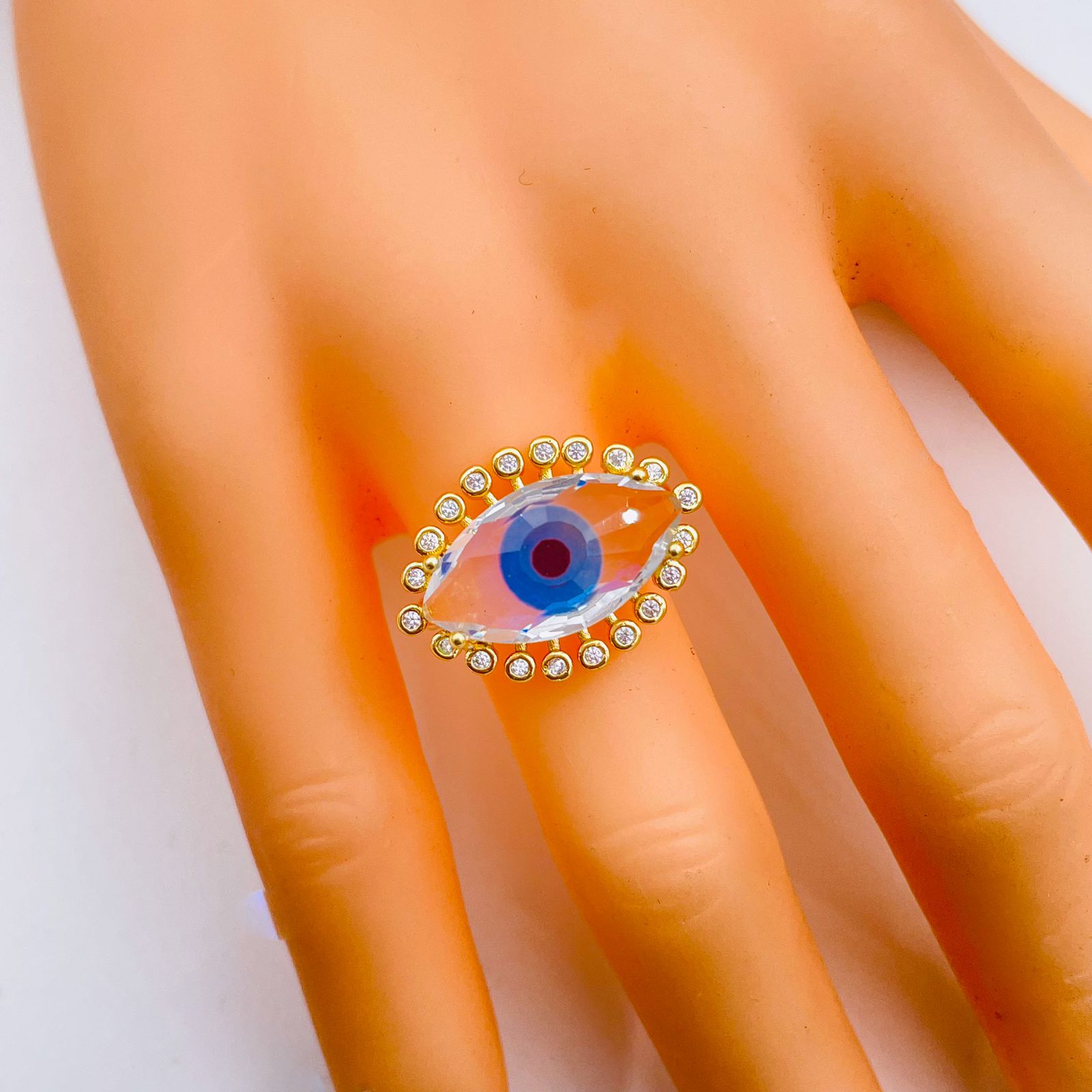 Eyelash Evil Eye Blue Gold Glass Cubic Zirconia Adjustable Ring For Women