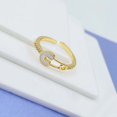 Safety Pin Gold White Enamel Copper Adjustable Band Ring For Women