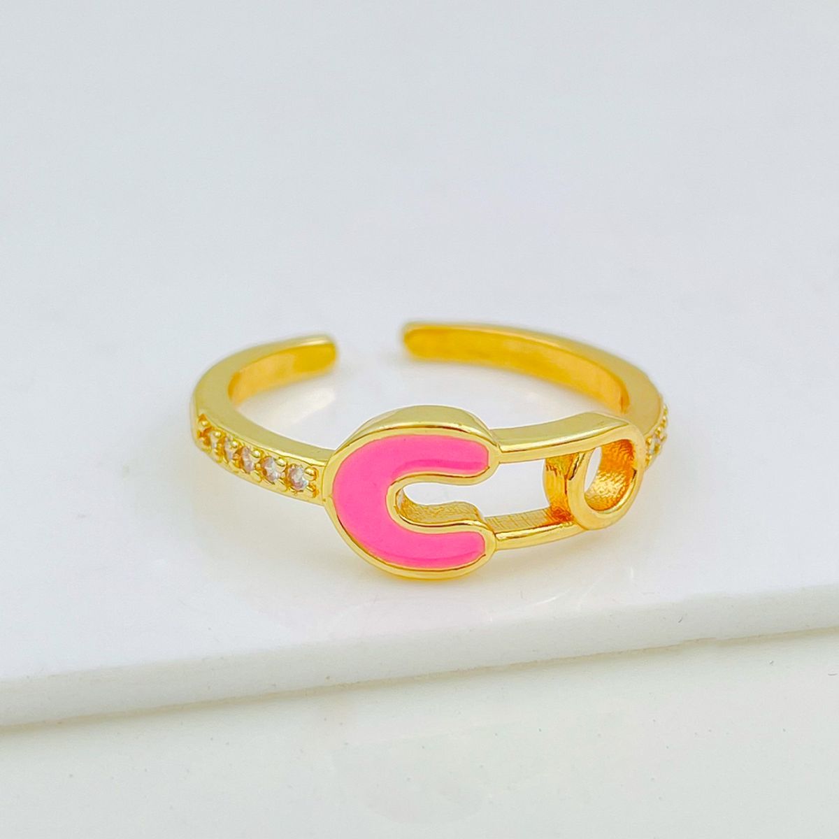 Safety Pin Gold White Enamel Copper Adjustable Band Ring For Women