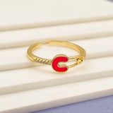 Safety Pin Gold White Enamel Copper Adjustable Band Ring For Women