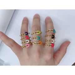 Safety Pin Gold White Enamel Copper Adjustable Band Ring For Women