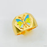 Hexagon Blue Green Enamel Butterfly Gold Adjustable Ring For Women