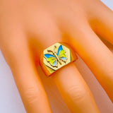 Hexagon Blue Green Enamel Butterfly Gold Adjustable Ring For Women
