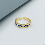 Gold Enamel Blue Evil Eye Copper Free Size Adjustable Band Ring For Women