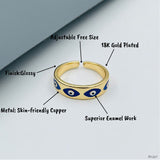 Gold Enamel Blue Evil Eye Copper Free Size Adjustable Band Ring For Women