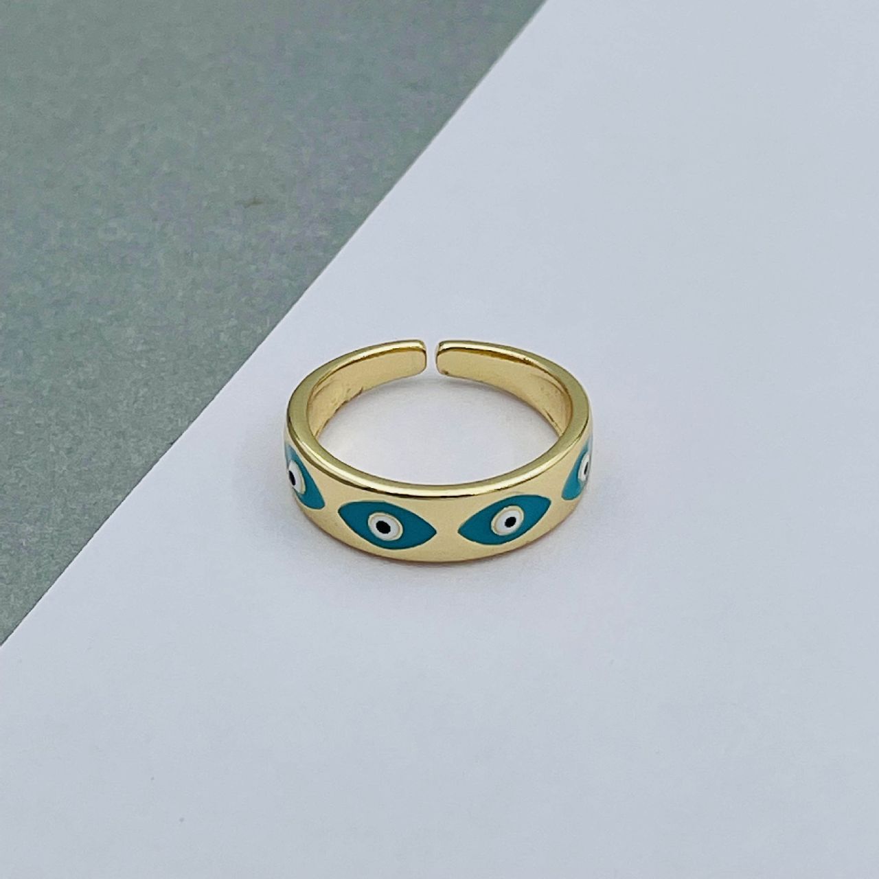 Evil Eye White Gold Copper Enamel Adjustable Band Ring For Women