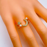 Sun Moon Star Pearl American Diamond Gold Adjustable Ring For Women